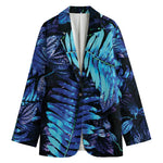 Blue Tropical Leaves Print Women's Cotton Blazer