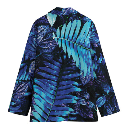 Blue Tropical Leaves Print Women's Cotton Blazer