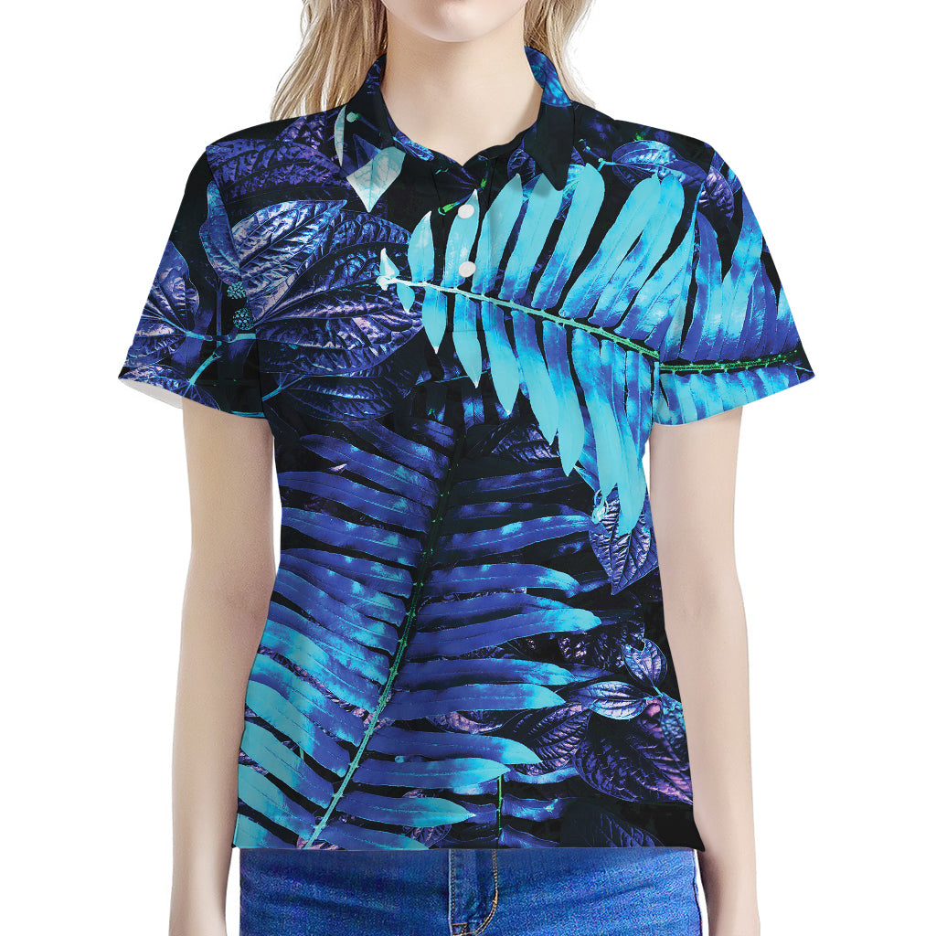 Blue Tropical Leaves Print Women's Polo Shirt