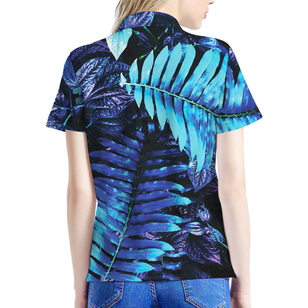 Blue Tropical Leaves Print Women's Polo Shirt