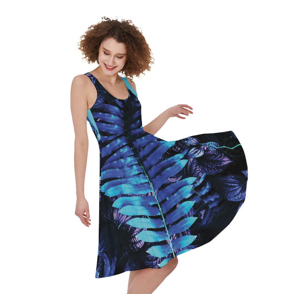 Blue Tropical Leaves Print Women's Sleeveless Dress