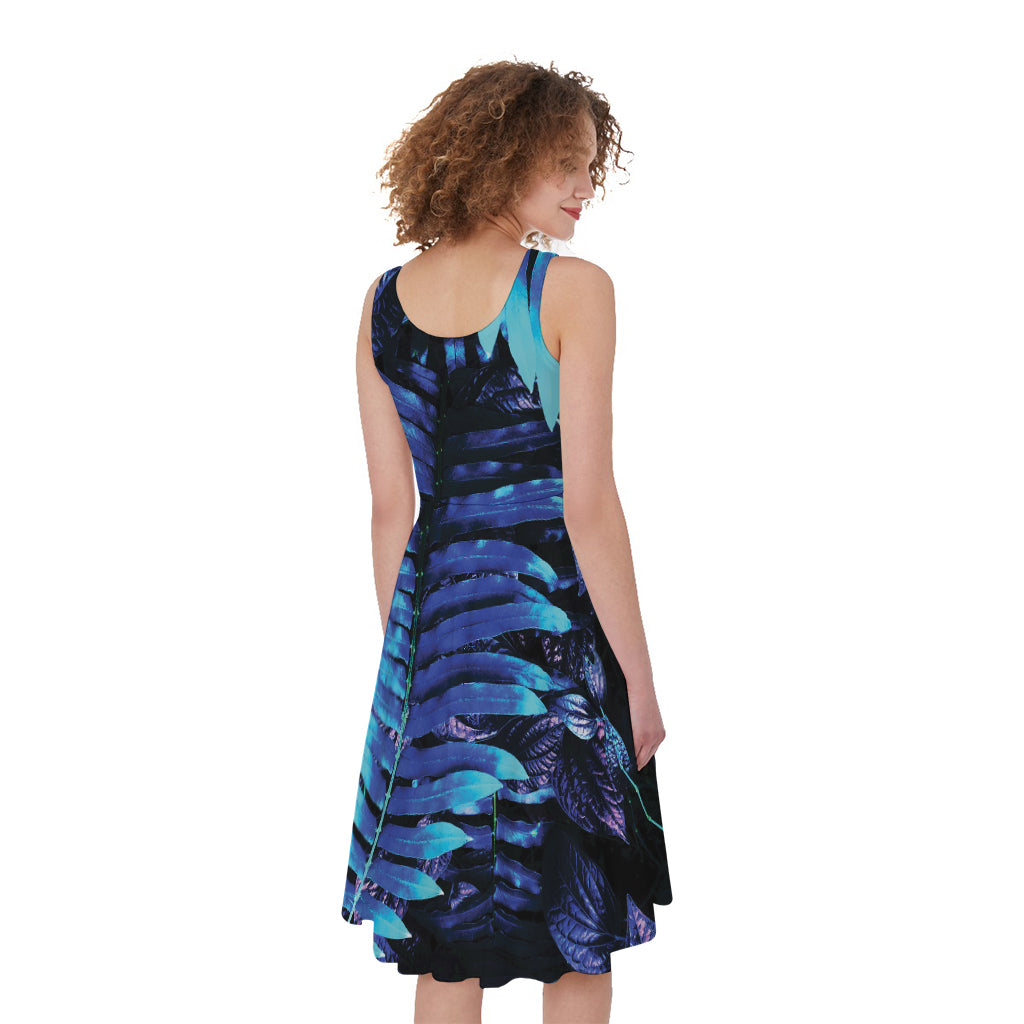 Blue Tropical Leaves Print Women's Sleeveless Dress
