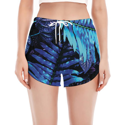 Blue Tropical Leaves Print Women's Split Running Shorts
