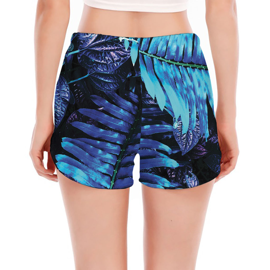 Blue Tropical Leaves Print Women's Split Running Shorts