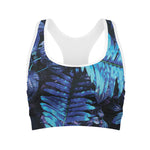 Blue Tropical Leaves Print Women's Sports Bra