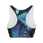 Blue Tropical Leaves Print Women's Sports Bra