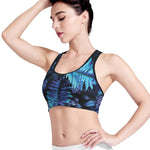 Blue Tropical Leaves Print Women's Sports Bra