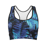 Blue Tropical Leaves Print Women's Sports Bra