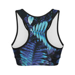Blue Tropical Leaves Print Women's Sports Bra
