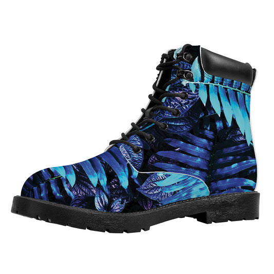 Blue Tropical Leaves Print Work Boots