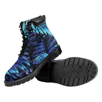 Blue Tropical Leaves Print Work Boots