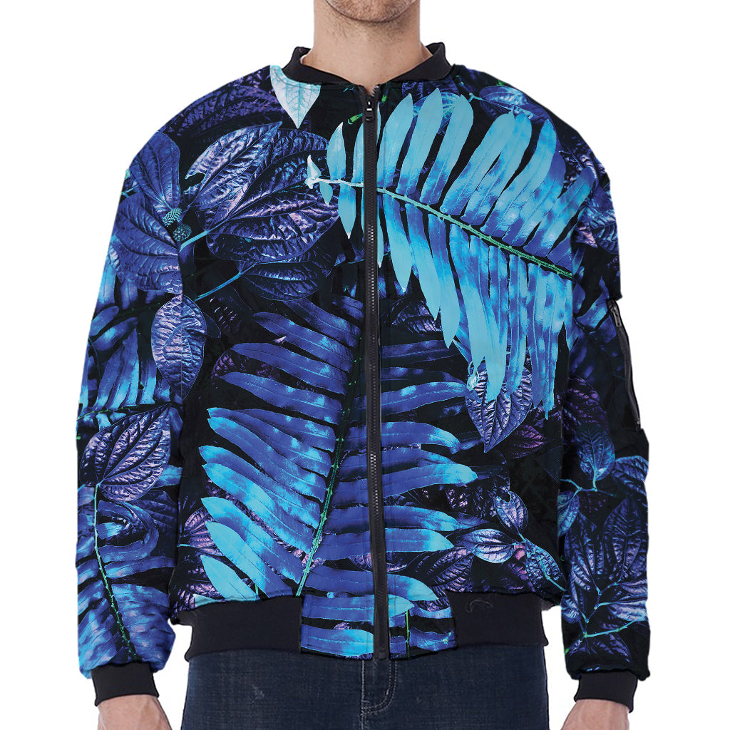 Blue Tropical Leaves Print Zip Sleeve Bomber Jacket