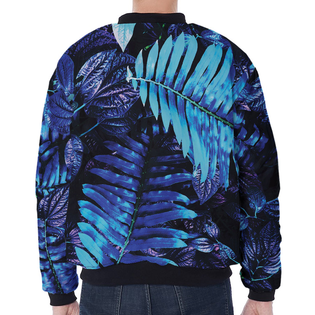 Blue Tropical Leaves Print Zip Sleeve Bomber Jacket