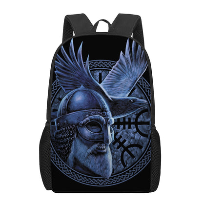 Blue Viking God Odin And Crow Print 17 Inch Backpack