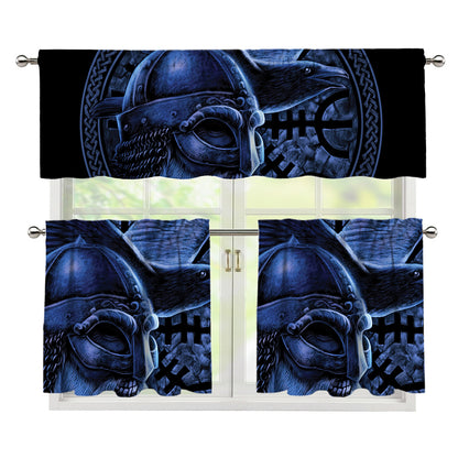 Blue Viking God Odin And Crow Print 3 Piece Kitchen Curtains