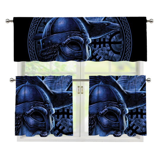 Blue Viking God Odin And Crow Print 3 Piece Kitchen Curtains