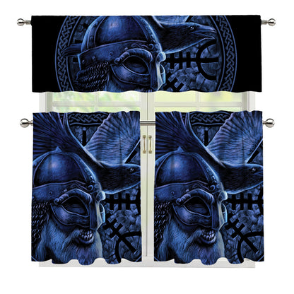 Blue Viking God Odin And Crow Print 3 Piece Kitchen Curtains