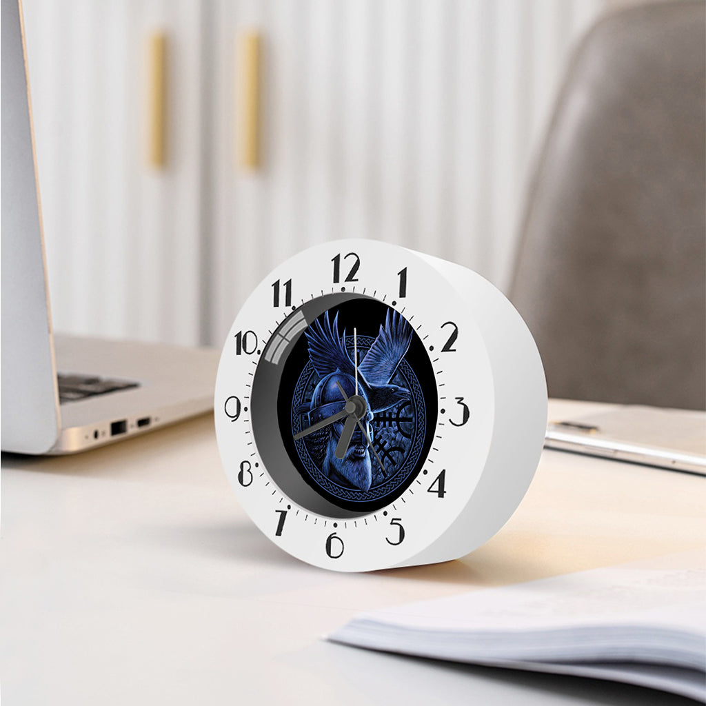 Blue Viking God Odin And Crow Print Alarm Clock