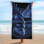 Blue Viking God Odin And Crow Print Beach Towel
