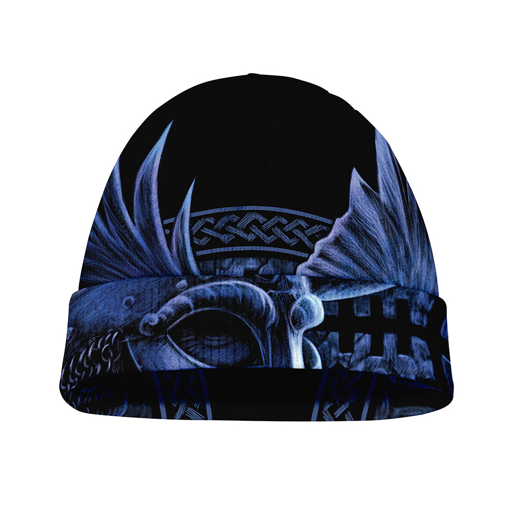 Blue Viking God Odin And Crow Print Beanie