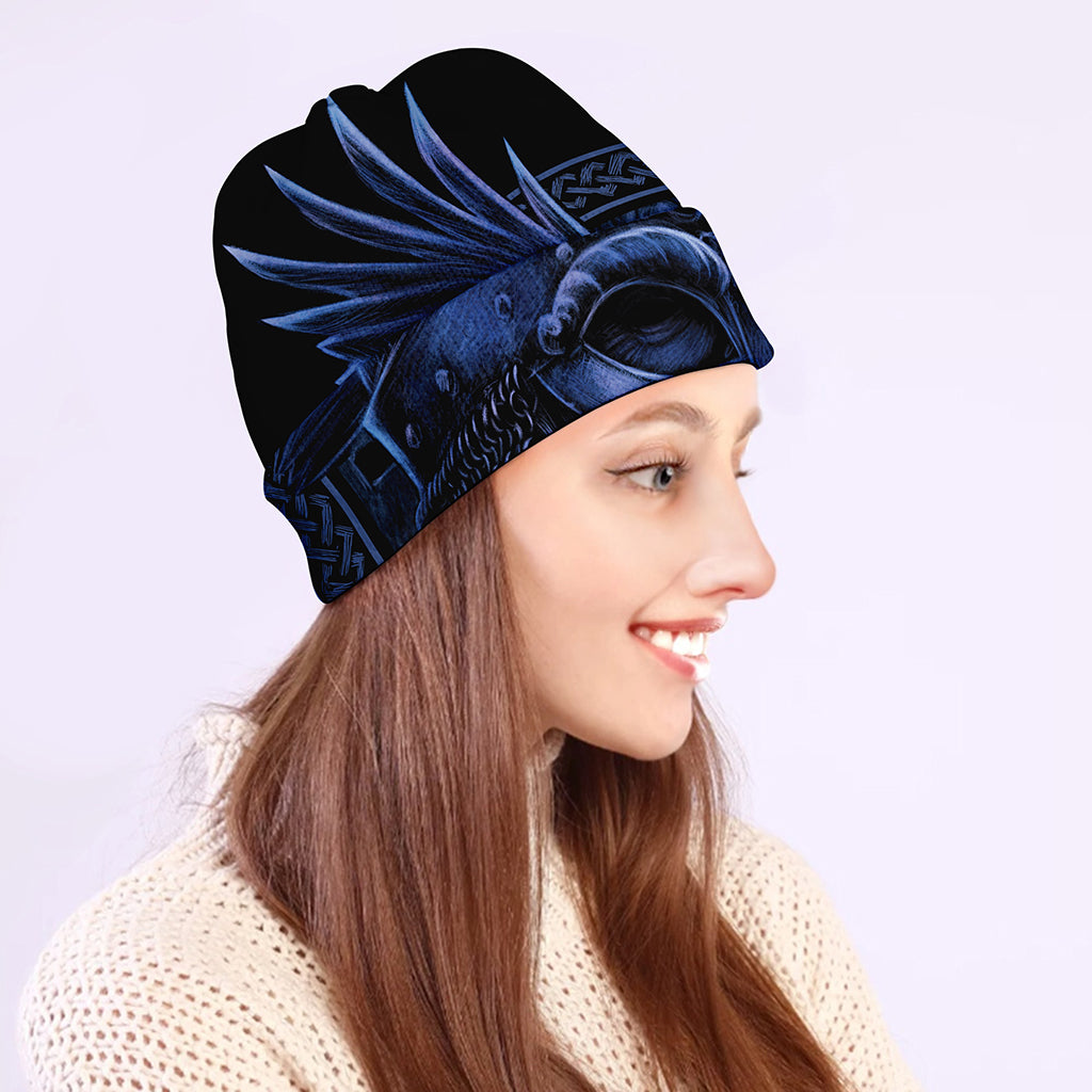Blue Viking God Odin And Crow Print Beanie