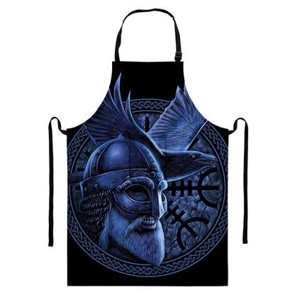 Blue Viking God Odin And Crow Print Bib Apron With Pocket