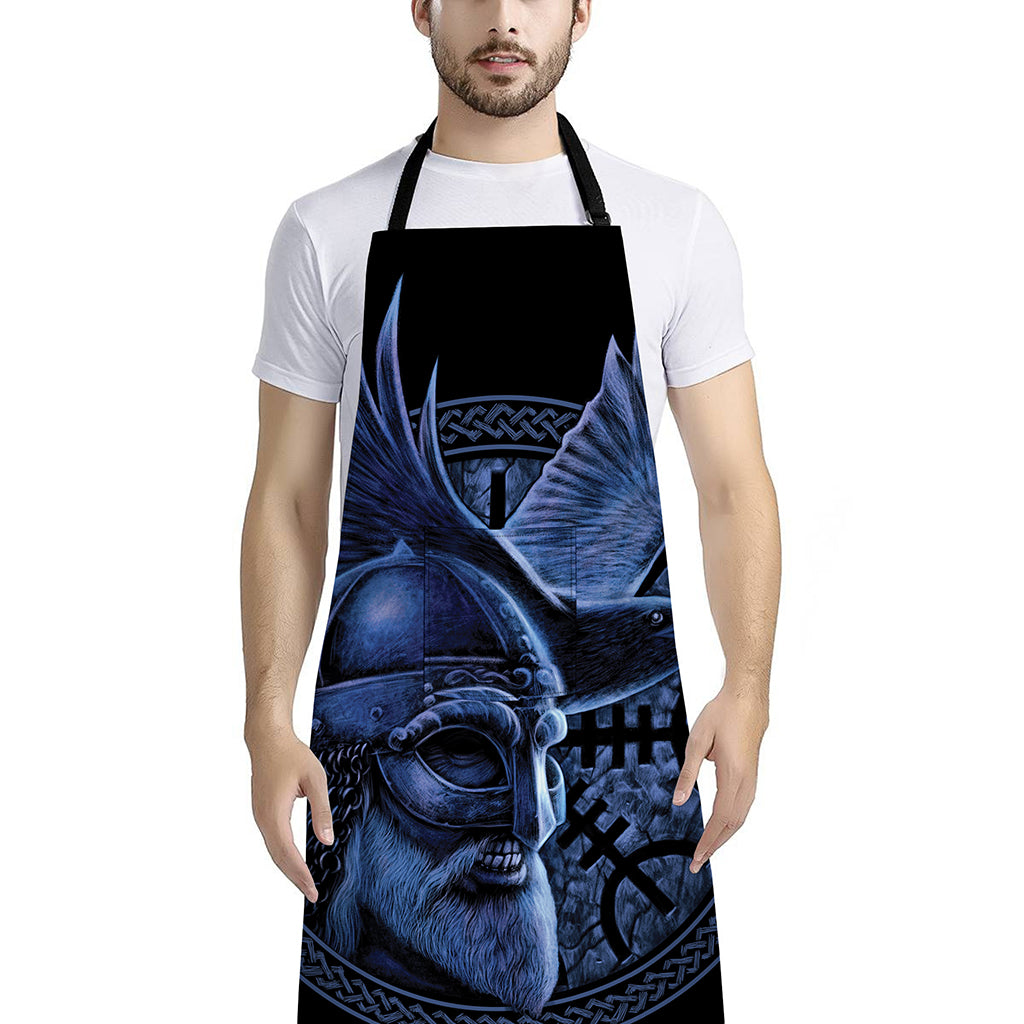 Blue Viking God Odin And Crow Print Bib Apron With Pocket