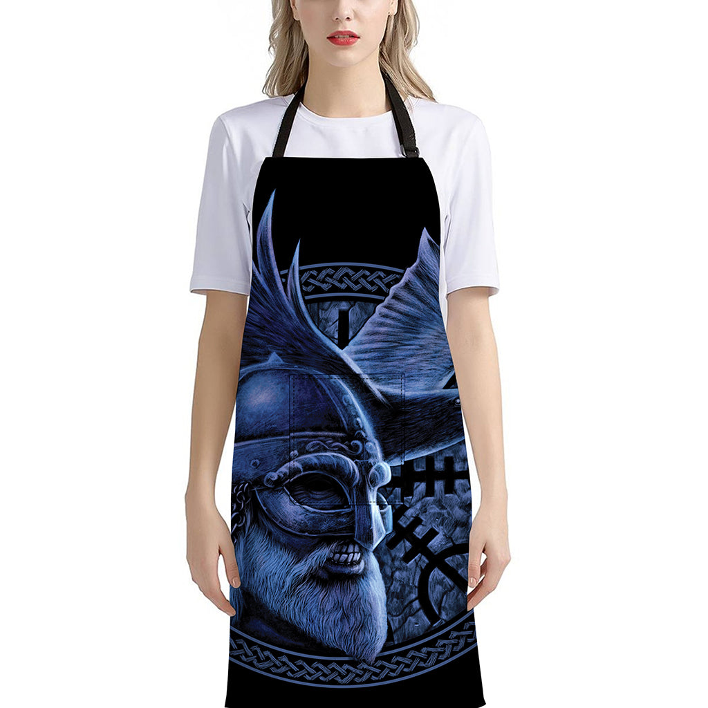 Blue Viking God Odin And Crow Print Bib Apron With Pocket