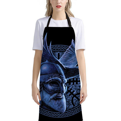 Blue Viking God Odin And Crow Print Bib Apron With Pocket