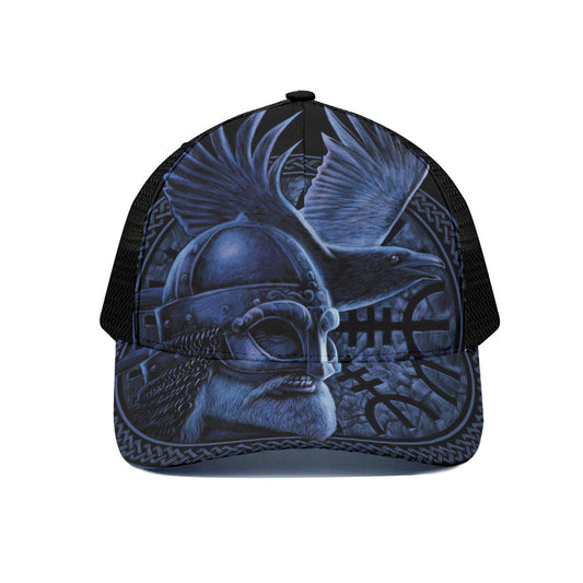 Blue Viking God Odin And Crow Print Black Mesh Trucker Cap