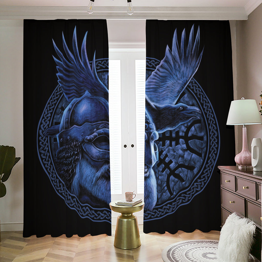Blue Viking God Odin And Crow Print Blackout Pencil Pleat Curtains