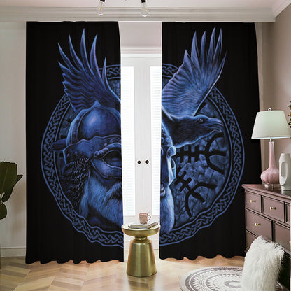 Blue Viking God Odin And Crow Print Blackout Pencil Pleat Curtains