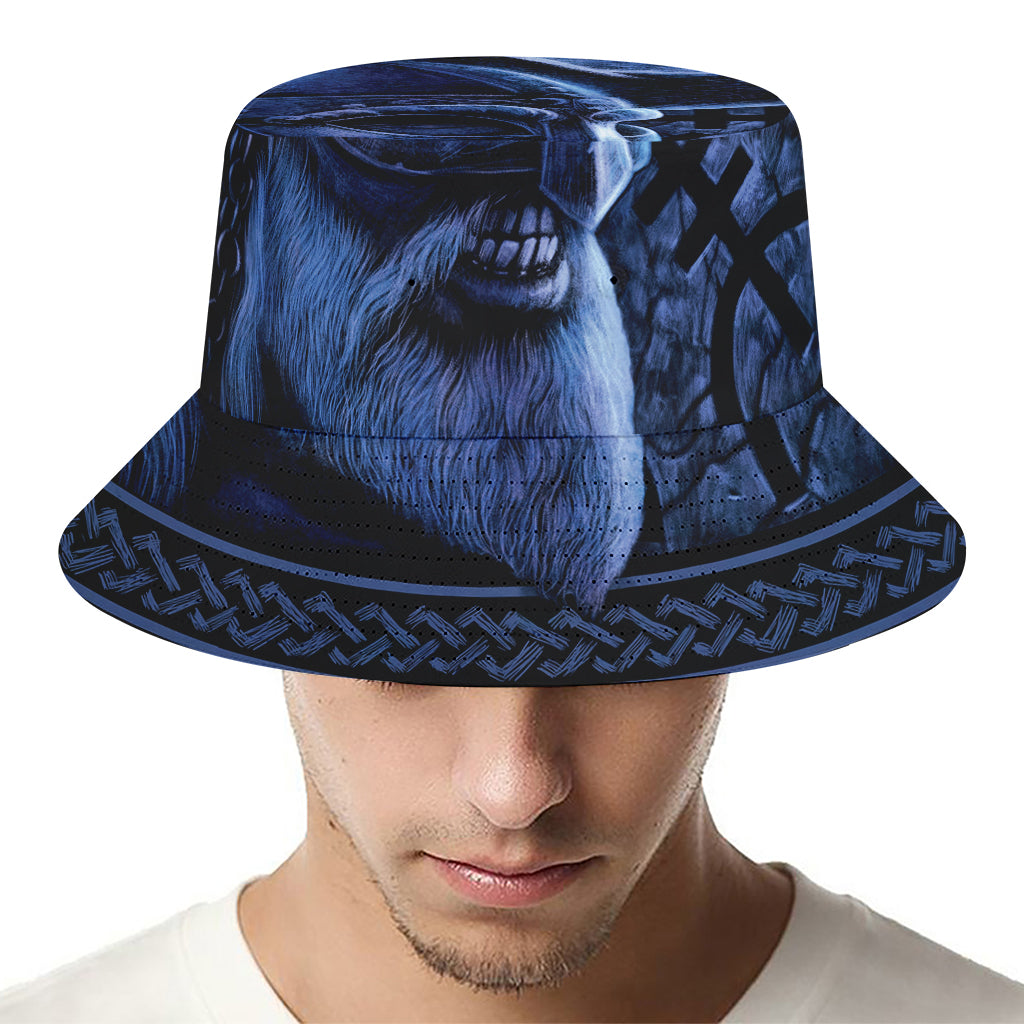 Blue Viking God Odin And Crow Print Bucket Hat