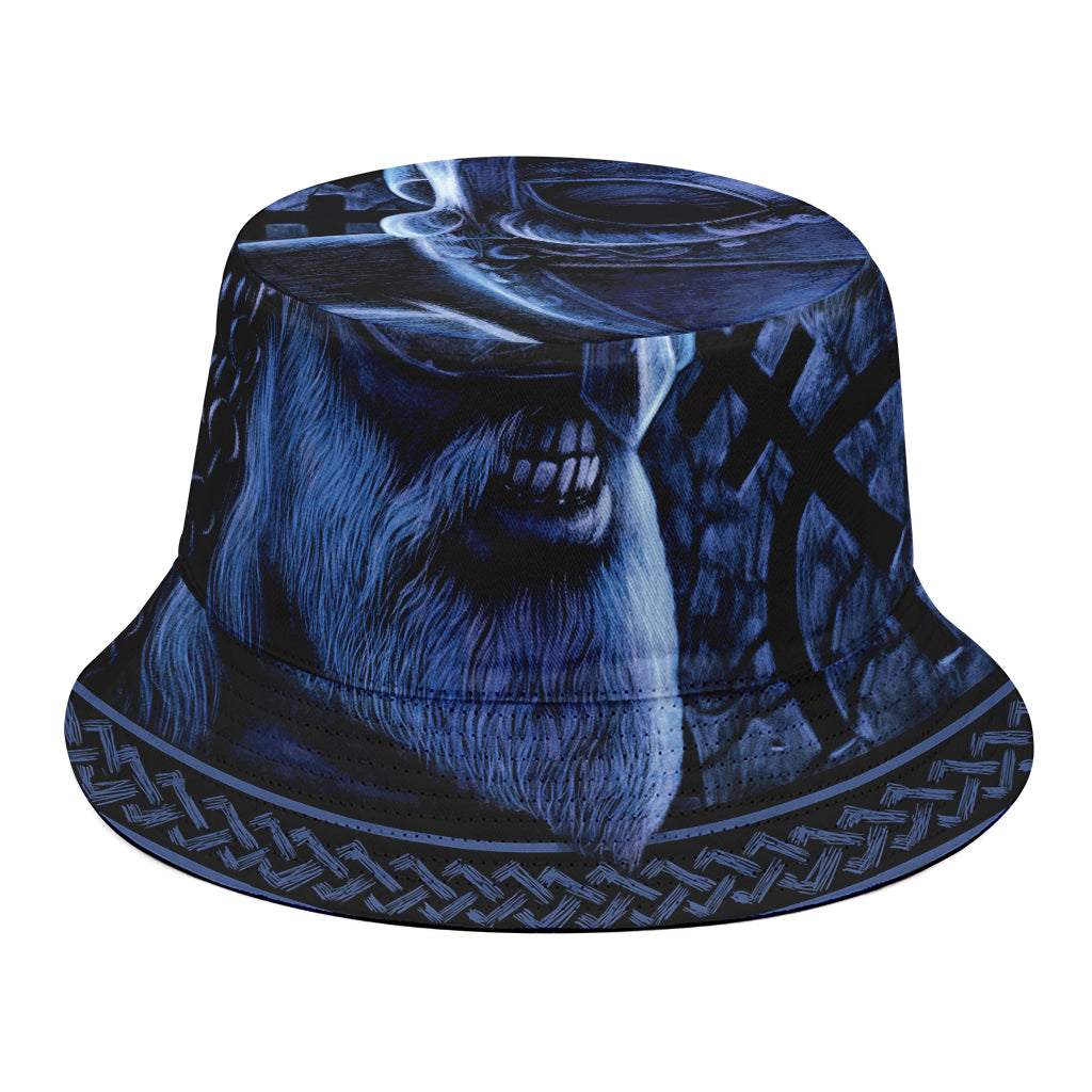 Blue Viking God Odin And Crow Print Bucket Hat