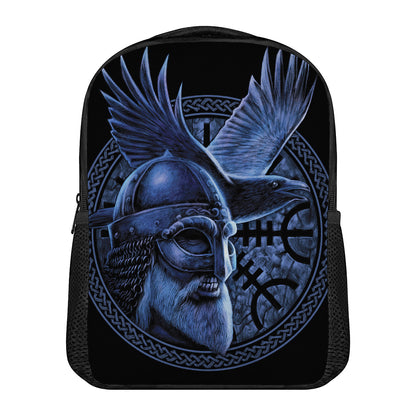 Blue Viking God Odin And Crow Print Casual Backpack