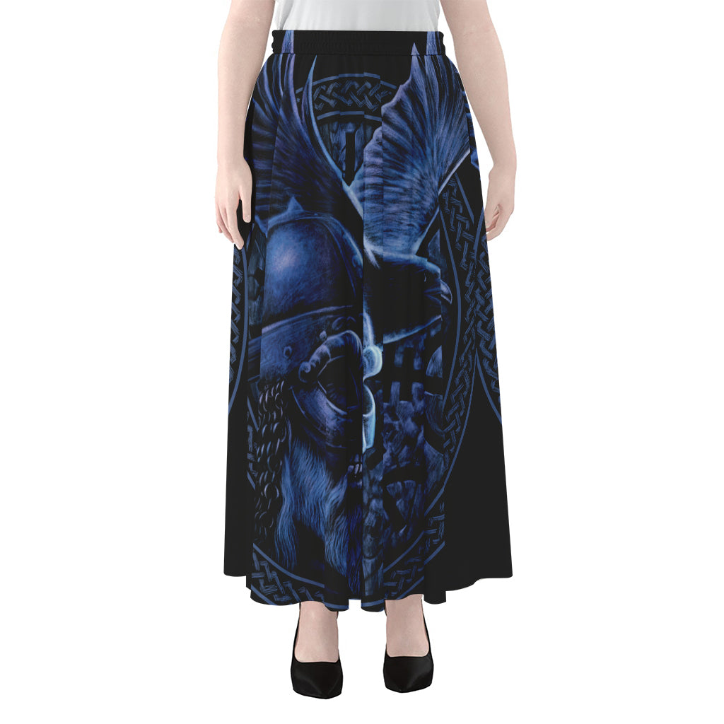 Blue Viking God Odin And Crow Print Chiffon Maxi Skirt