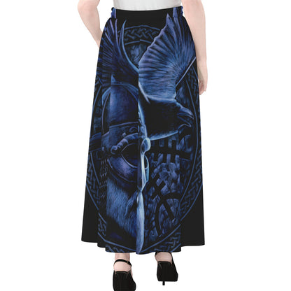 Blue Viking God Odin And Crow Print Chiffon Maxi Skirt