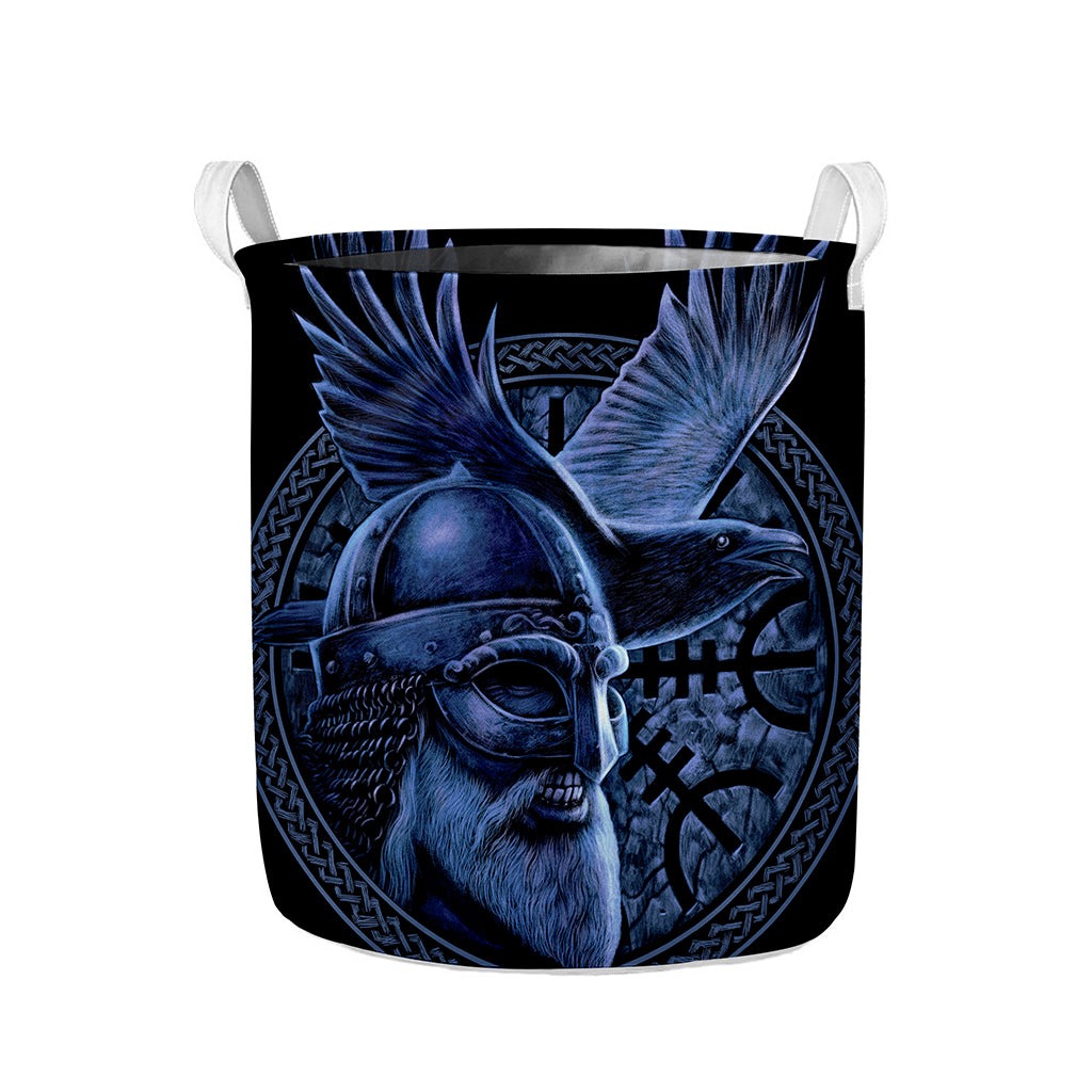 Blue Viking God Odin And Crow Print Collapsible Laundry Basket