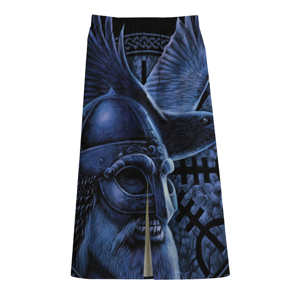Blue Viking God Odin And Crow Print Cotton Front Slit Maxi Skirt