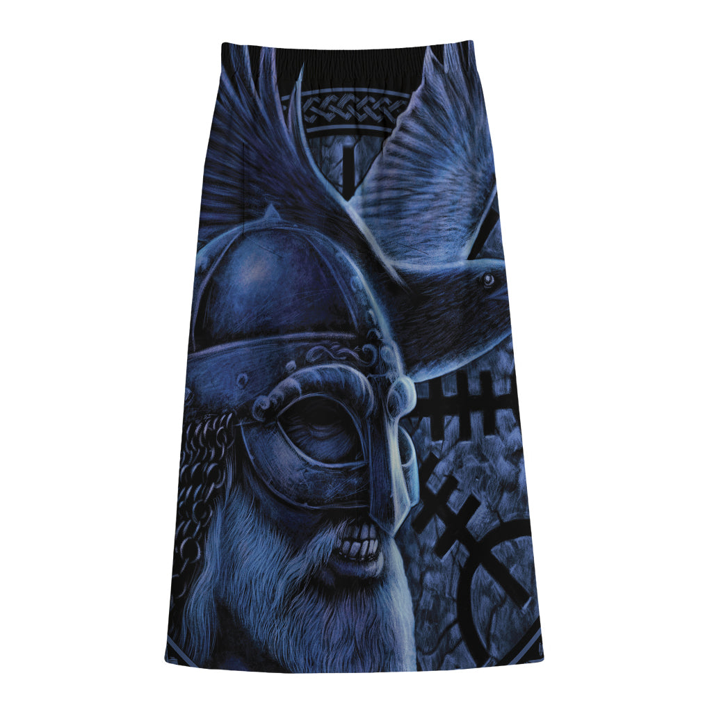 Blue Viking God Odin And Crow Print Cotton Front Slit Maxi Skirt