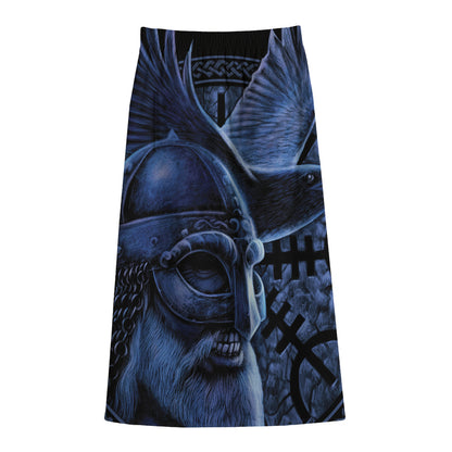 Blue Viking God Odin And Crow Print Cotton Front Slit Maxi Skirt