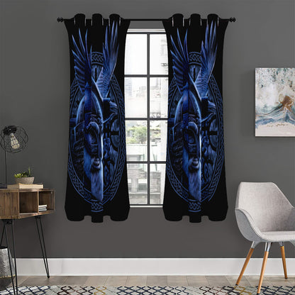 Blue Viking God Odin And Crow Print Curtain