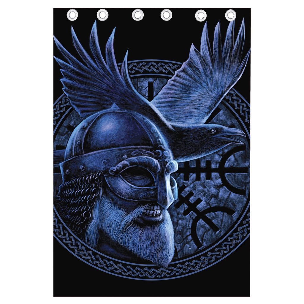 Blue Viking God Odin And Crow Print Curtain