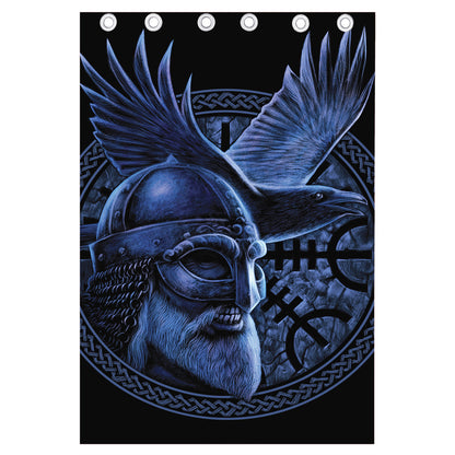 Blue Viking God Odin And Crow Print Curtain