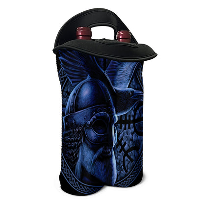 Blue Viking God Odin And Crow Print Double Neoprene Wine Tote
