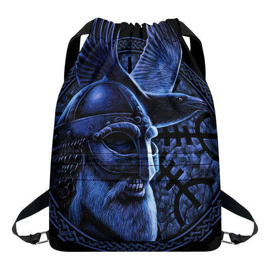 Blue Viking God Odin And Crow Print Drawstring Backpack