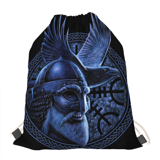 Blue Viking God Odin And Crow Print Drawstring Bag
