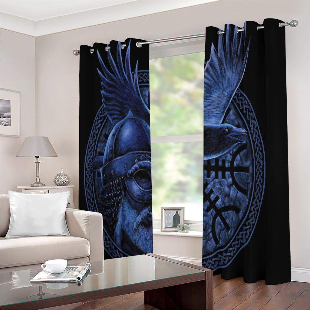 Blue Viking God Odin And Crow Print Extra Wide Grommet Curtains