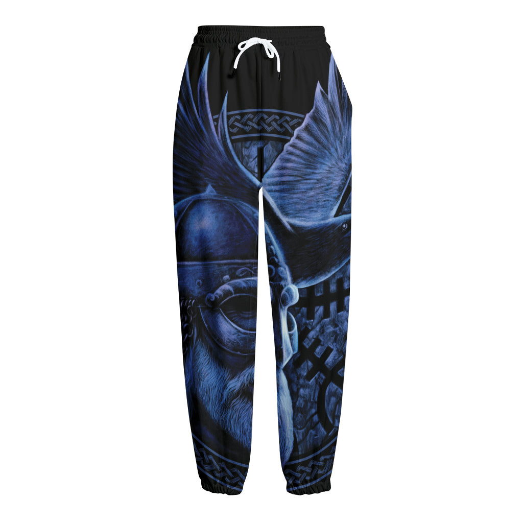Blue Viking God Odin And Crow Print Fleece Lined Knit Pants