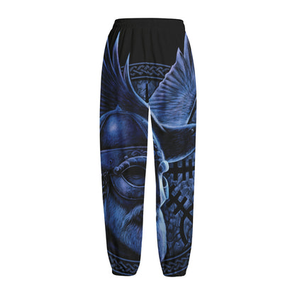 Blue Viking God Odin And Crow Print Fleece Lined Knit Pants